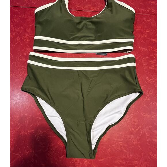 BMJL Two Piece Women’s Bathing Suit Olive Green & Cream Trim Size L B Cup NWT - Picture 2 of 7